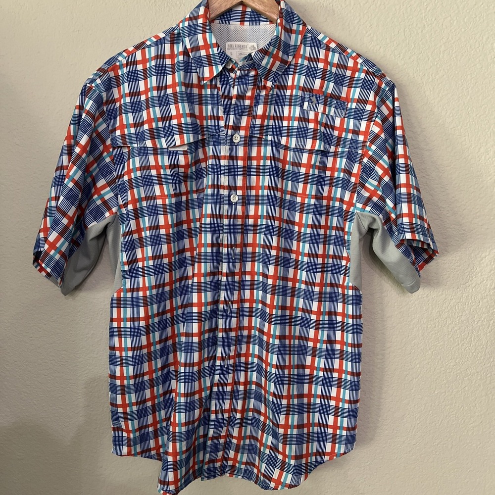 Reel Legends SMALL Mens Shirt Mariner II Short Sleeve BLUE PLAID Airy
